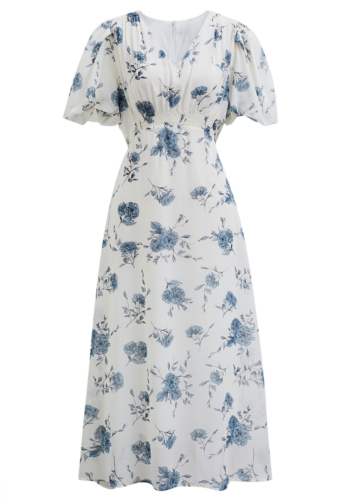 Blue Flower Sketch V-Neck Chiffon Midi Dress