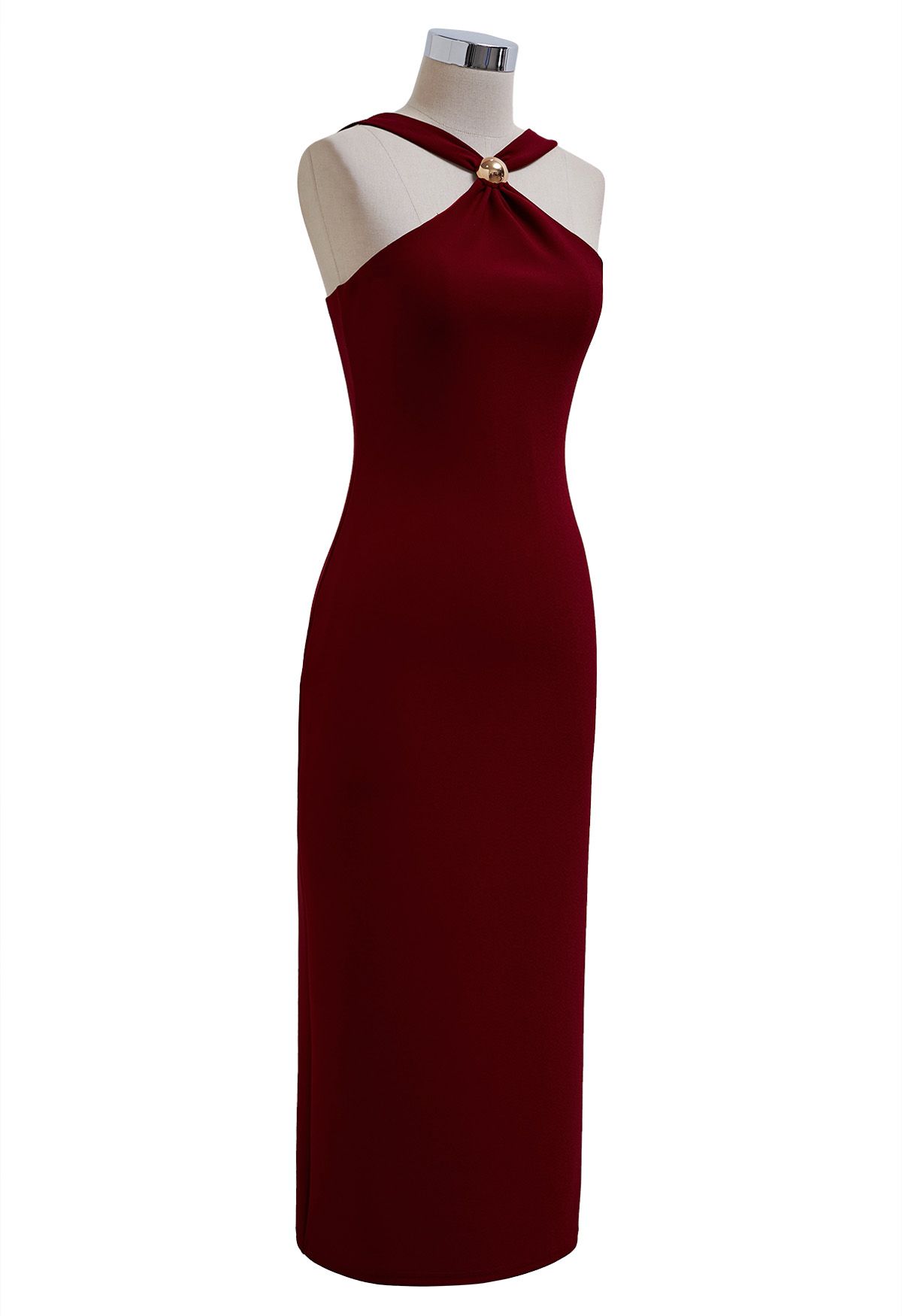 Golden Bead Trim Halter Sheath Dress in Red