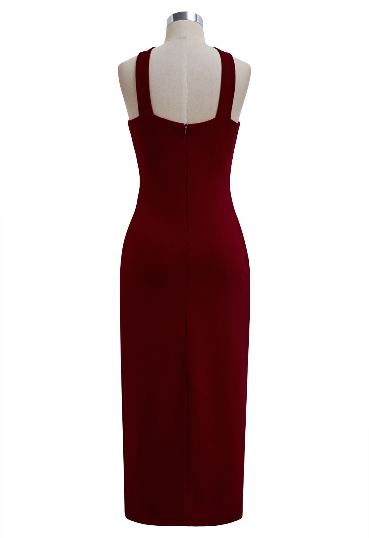 Golden Bead Trim Halter Sheath Dress in Red