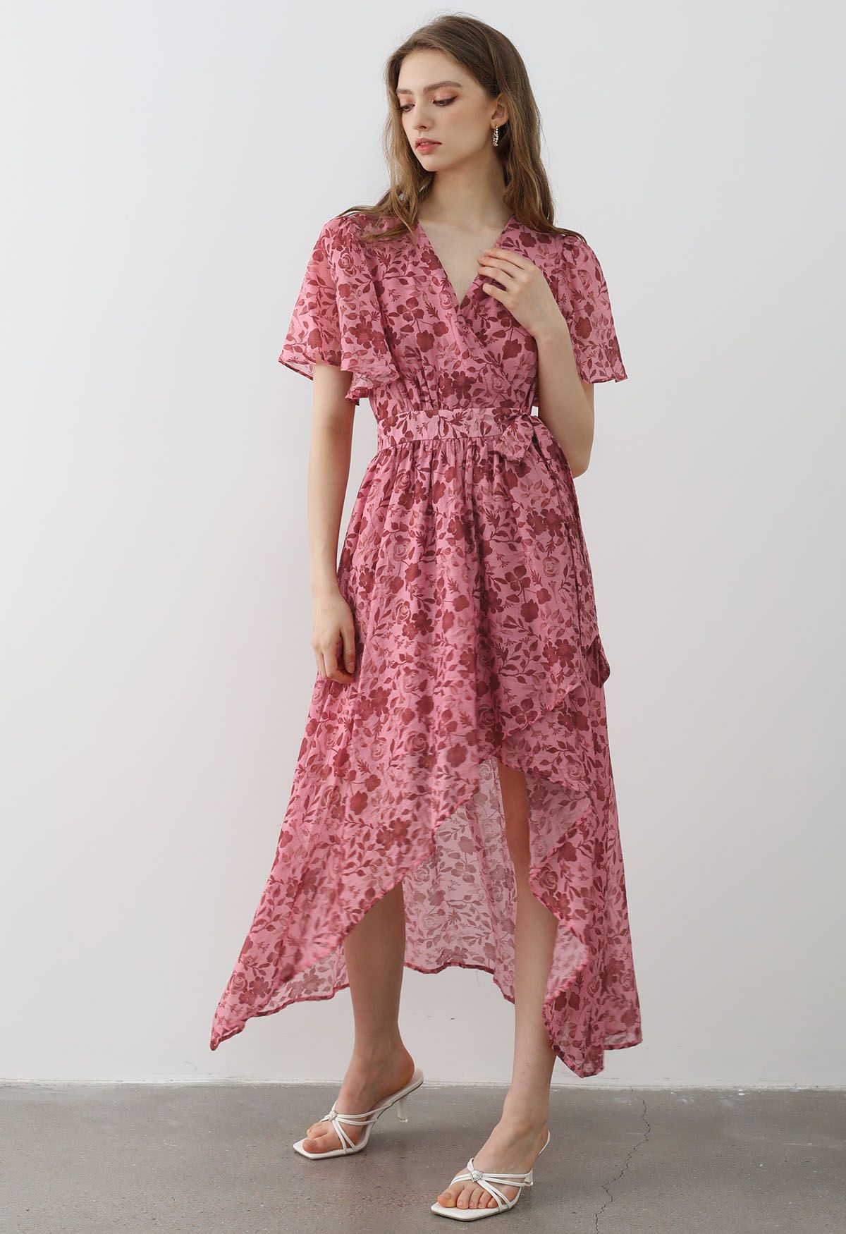 Rust Flower Print Flutter Sleeve Asymmetric Wrap Dress