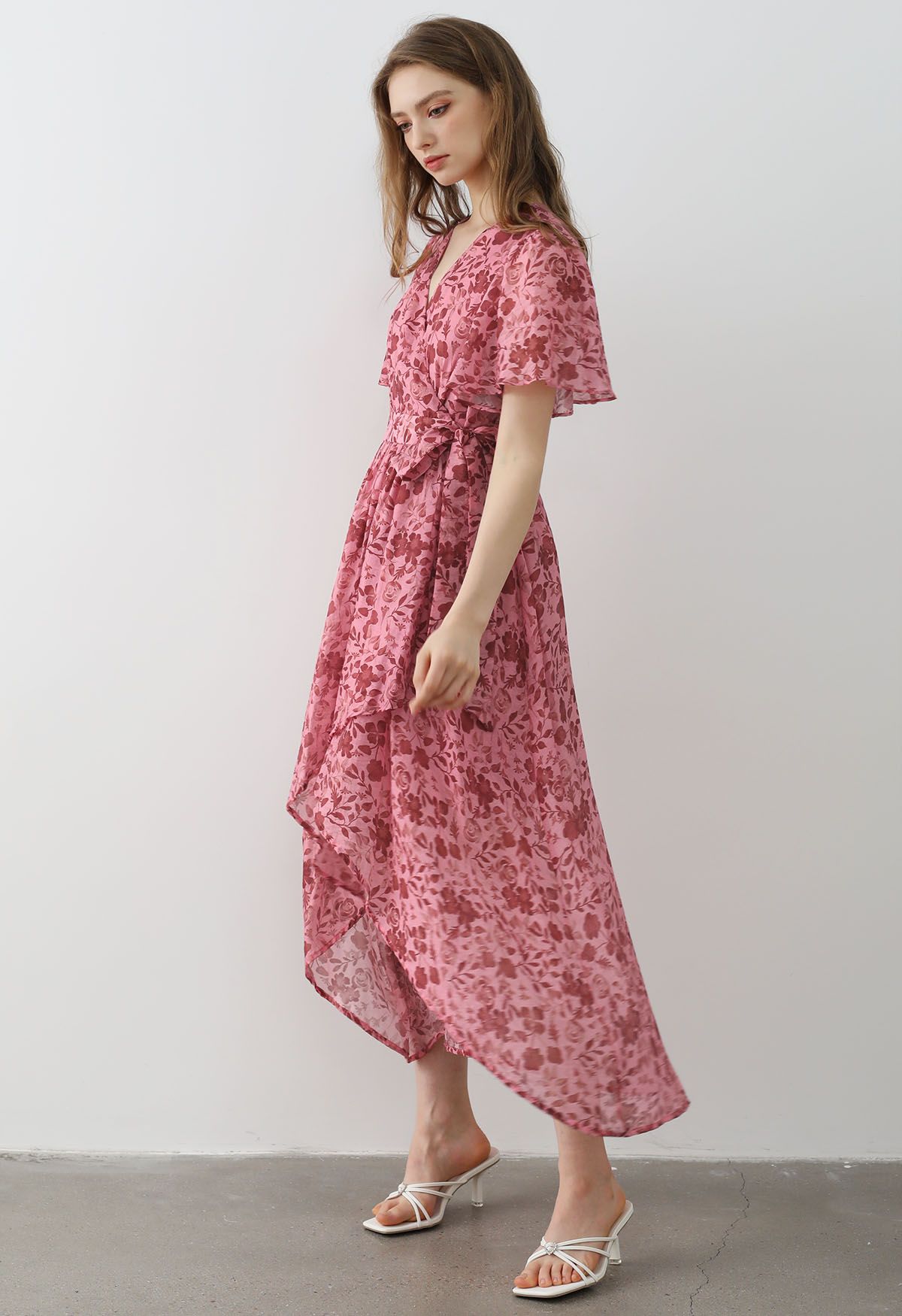 Rust Flower Print Flutter Sleeve Asymmetric Wrap Dress