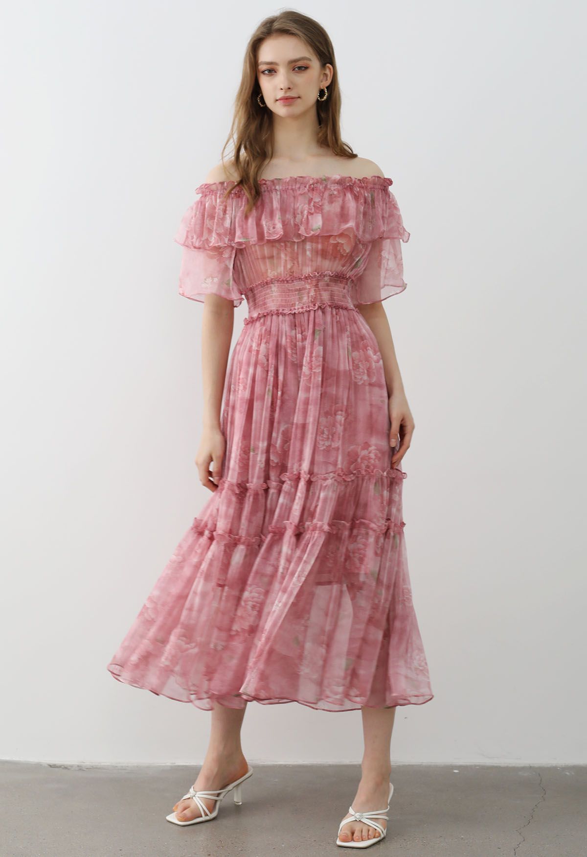 Summer Days Floral Off-Shoulder Ruffle Tiers Chiffon Dress in Pink