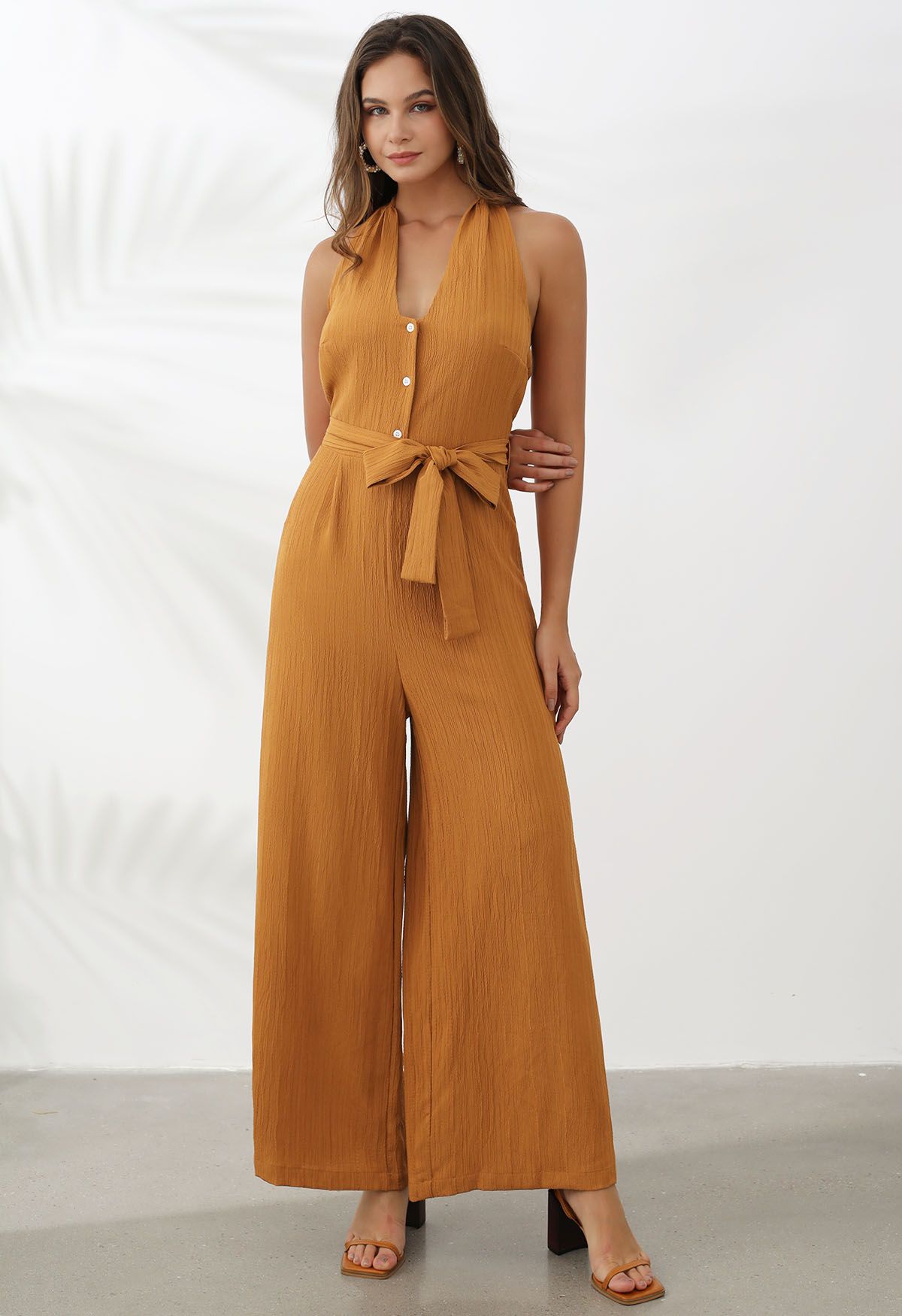 Halterneck Tie Waist Textured Wide-Leg Jumpsuit