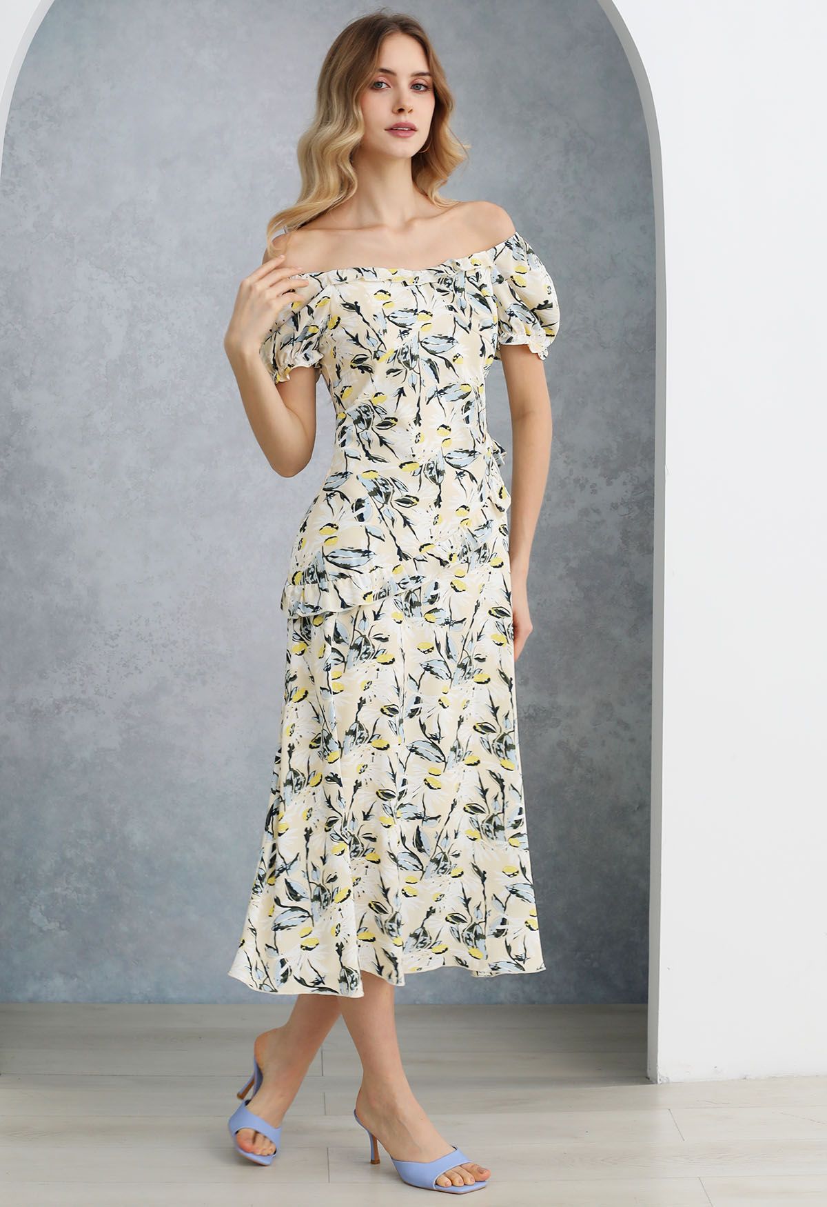 Daisy Printed Off-Shoulder Ruffle Trim Midi Dress