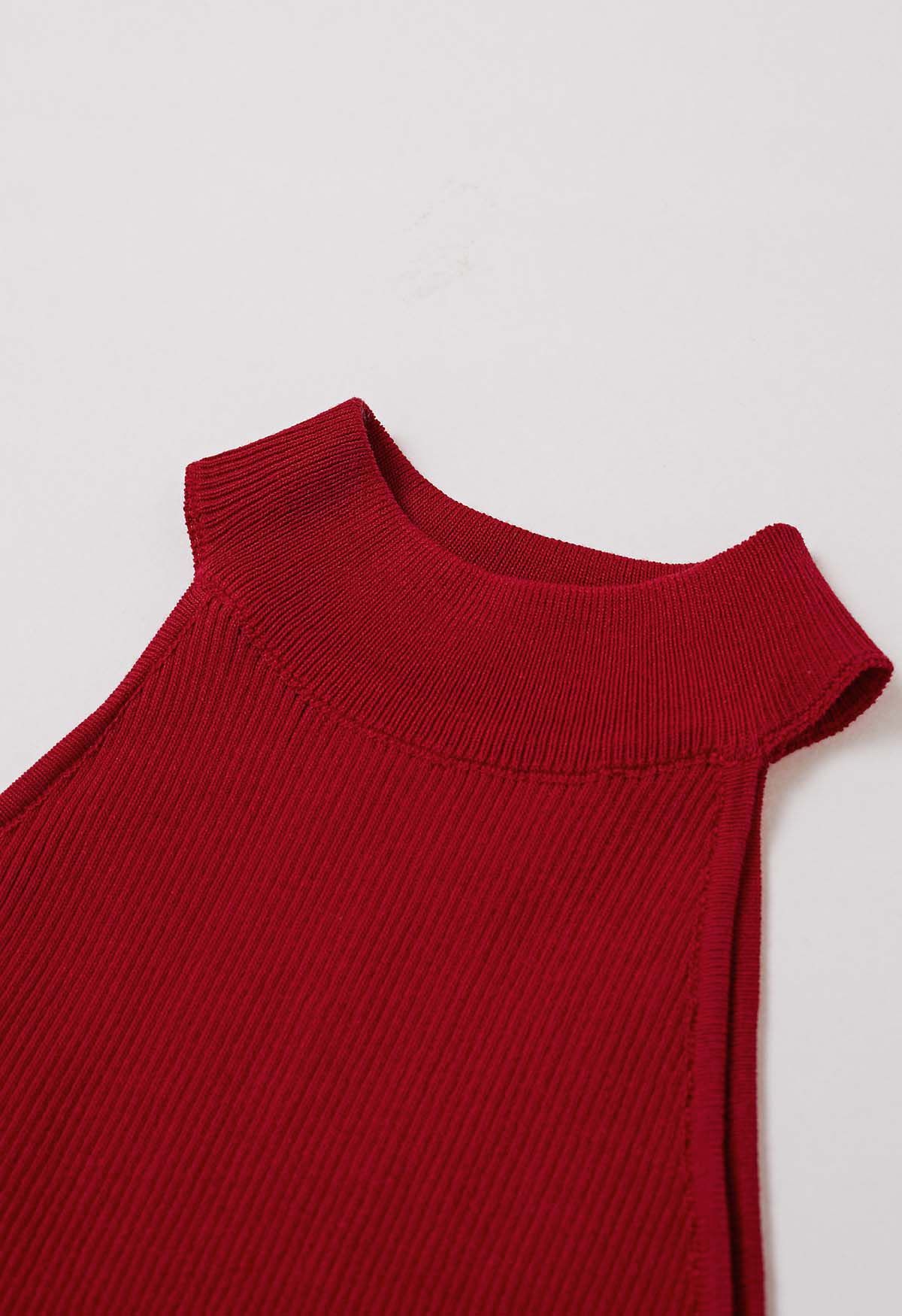 Crisscross Ribbon Sleeveless Halter Knit Top in Red