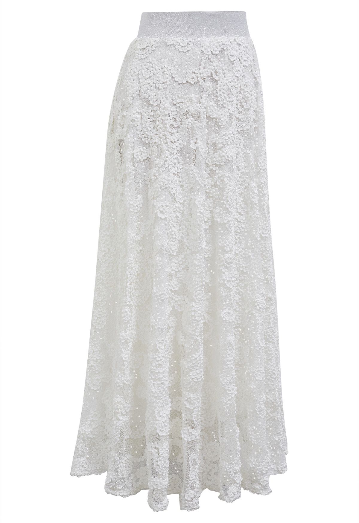 Floral Crochet Sequin Embellished Fishnet Maxi Skirt in White