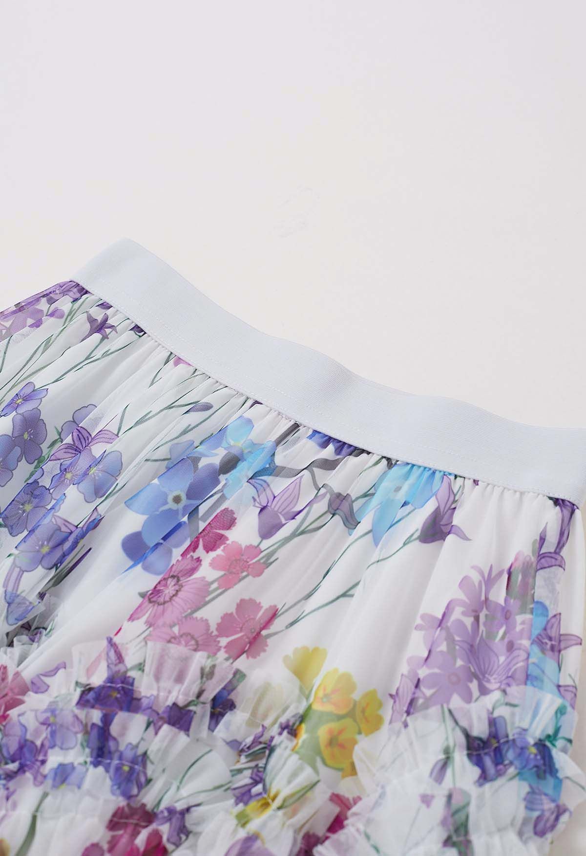 Flowery Printed Ruffle Mesh Maxi Skirt in Purple