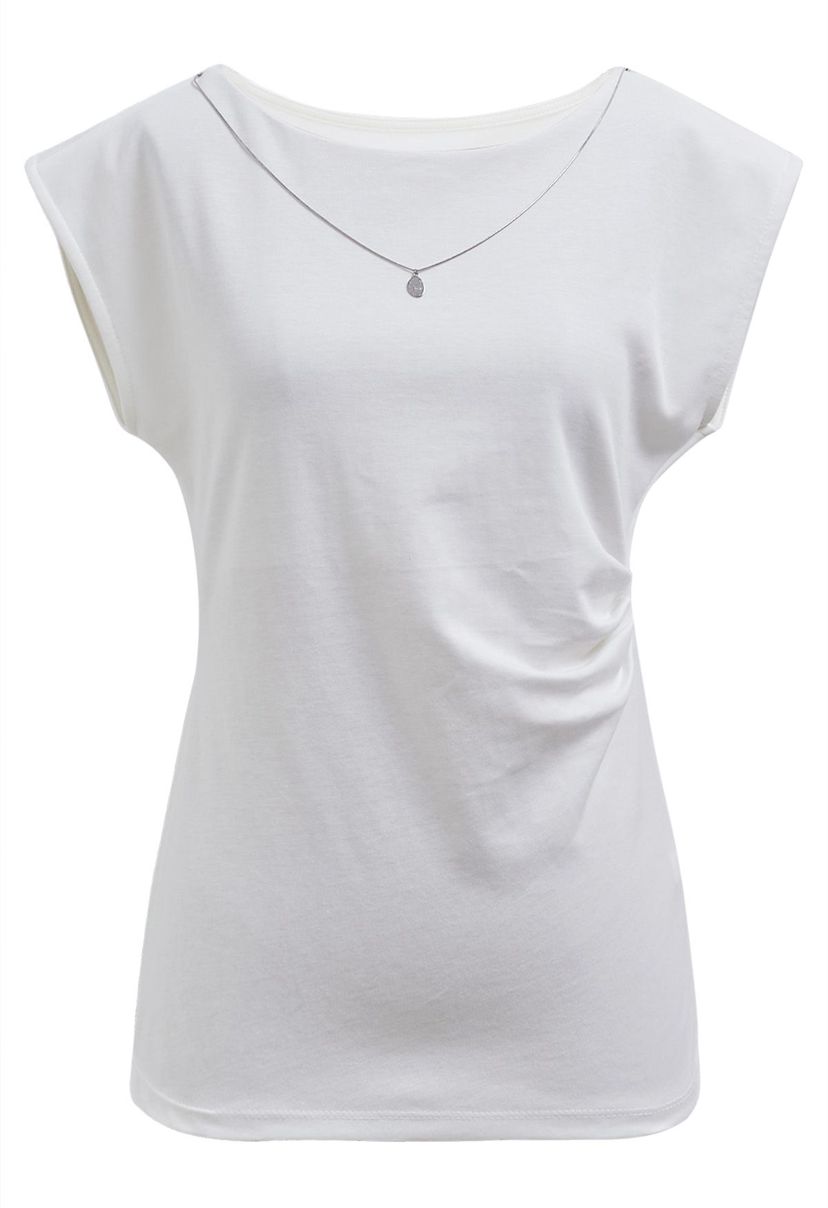 Decorative Necklace Side Pleat Cotton Top in White