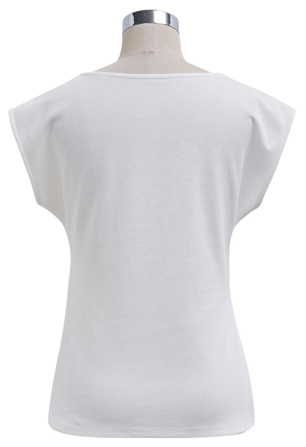 Decorative Necklace Side Pleat Cotton Top in White