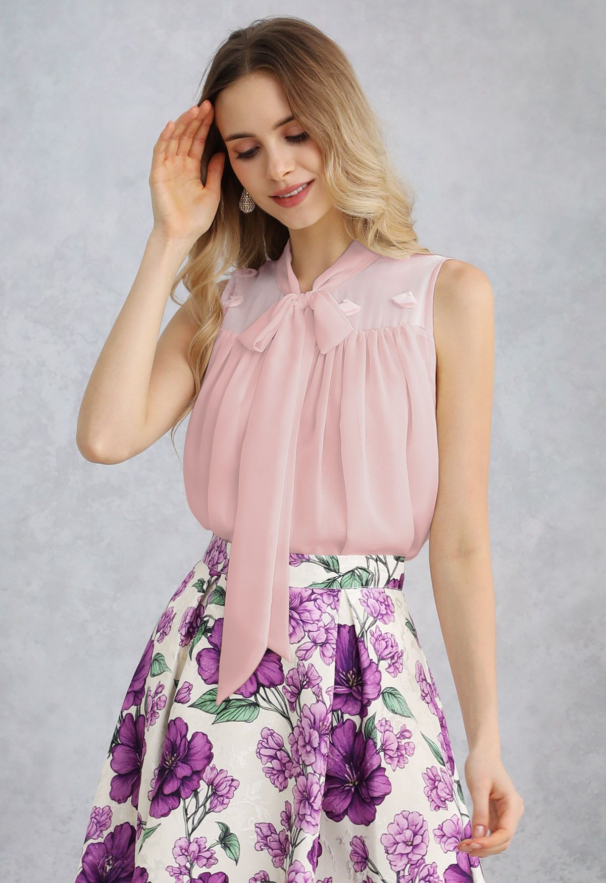 Pearly Petal Bowknot Chiffon Sleeveless Top in Pink