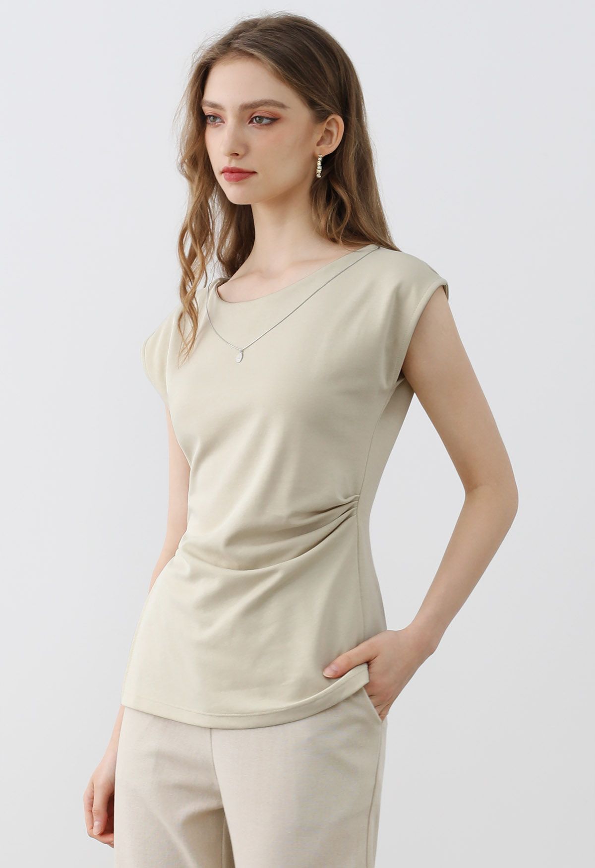 Decorative Necklace Side Pleat Cotton Top in Sand