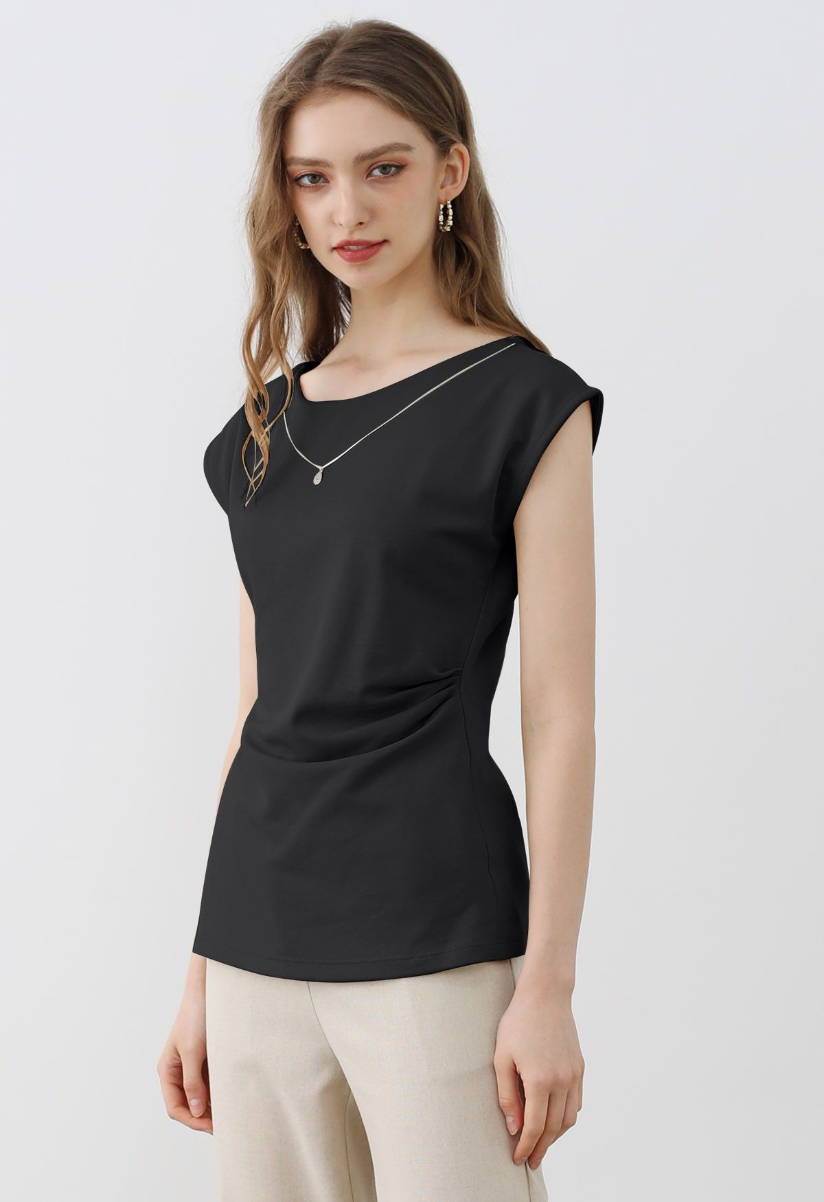 Decorative Necklace Side Pleat Cotton Top in Black