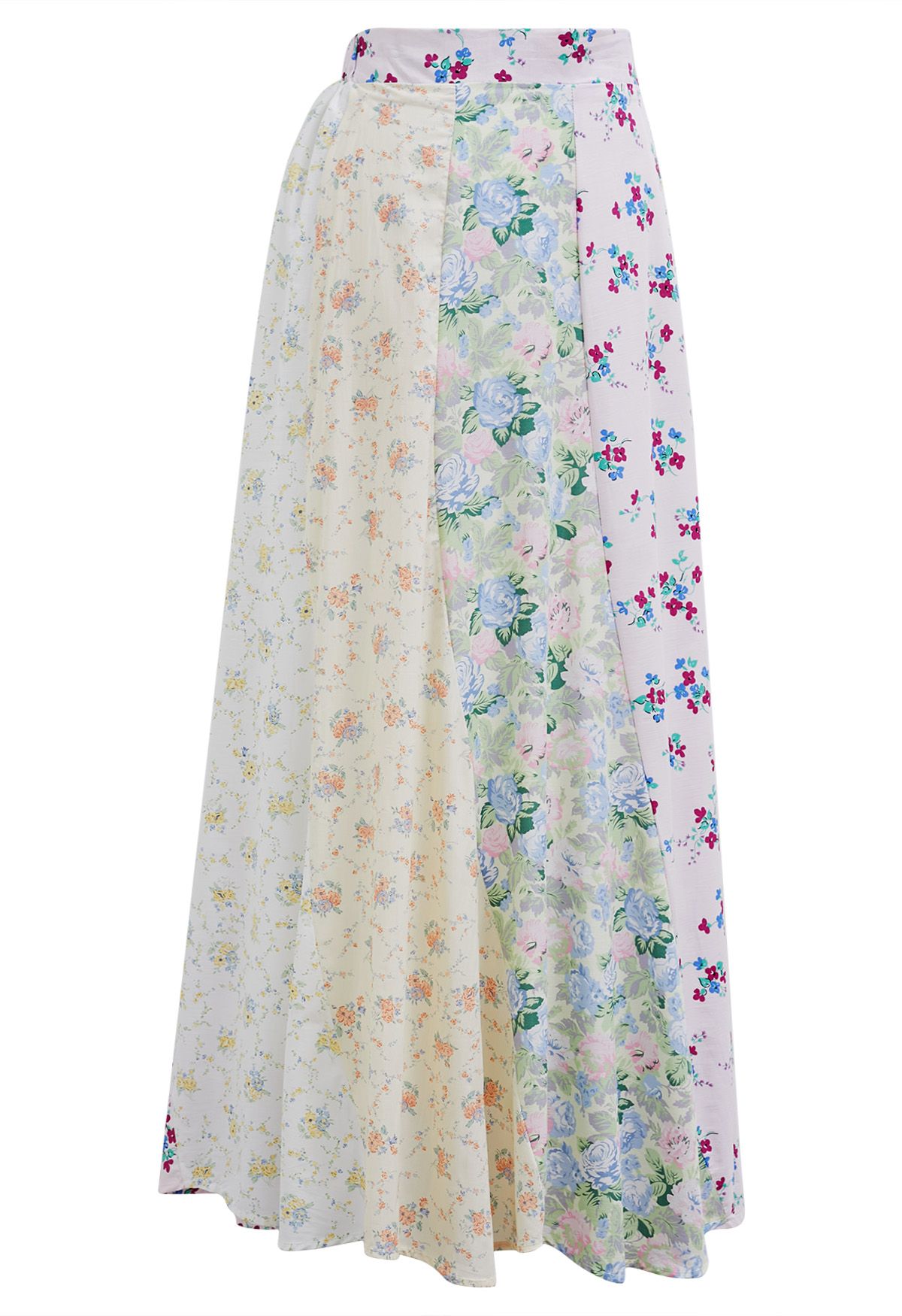 Floral Patchwork Asymmetric Cotton Maxi Skirt 