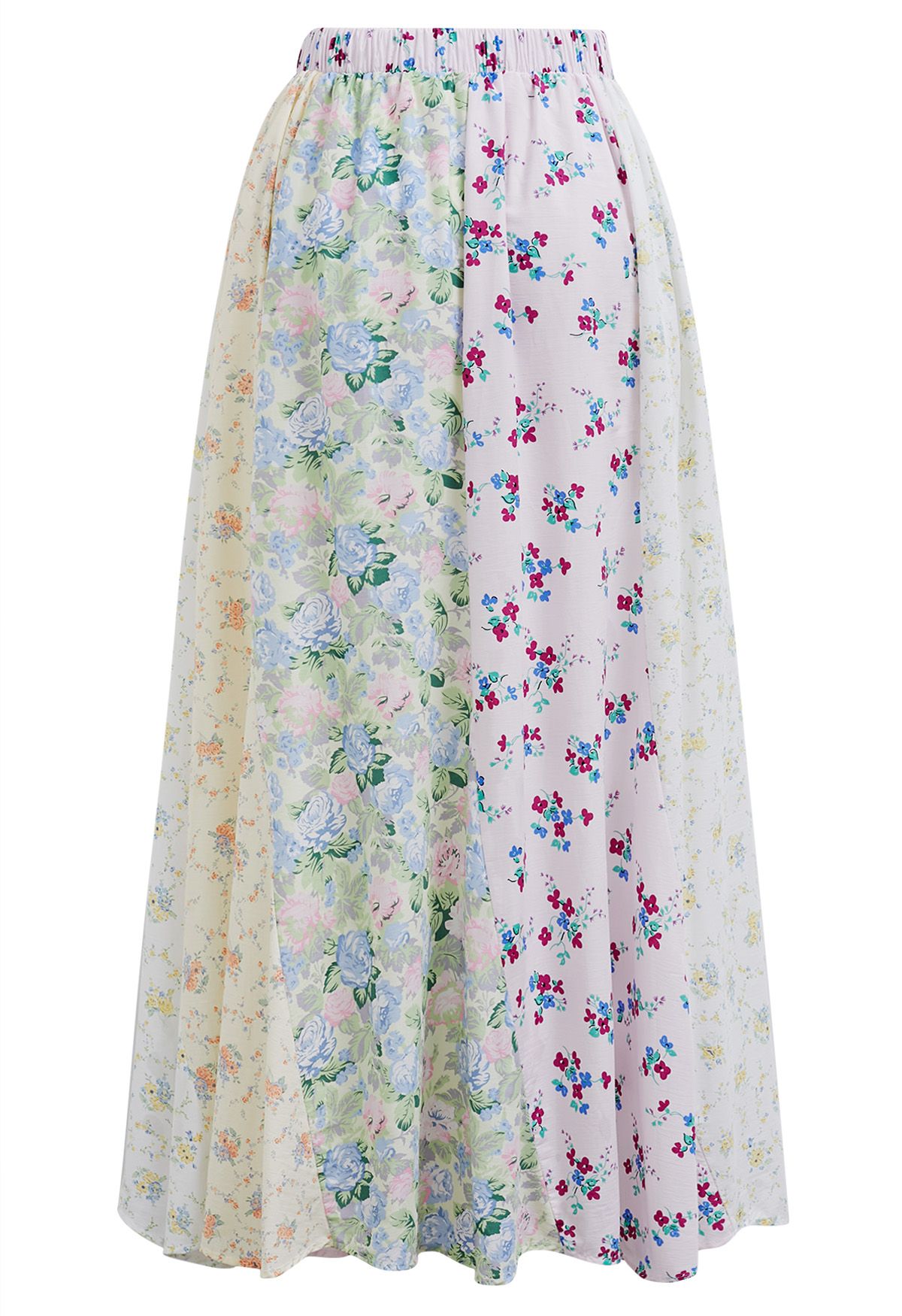 Floral Patchwork Asymmetric Cotton Maxi Skirt 