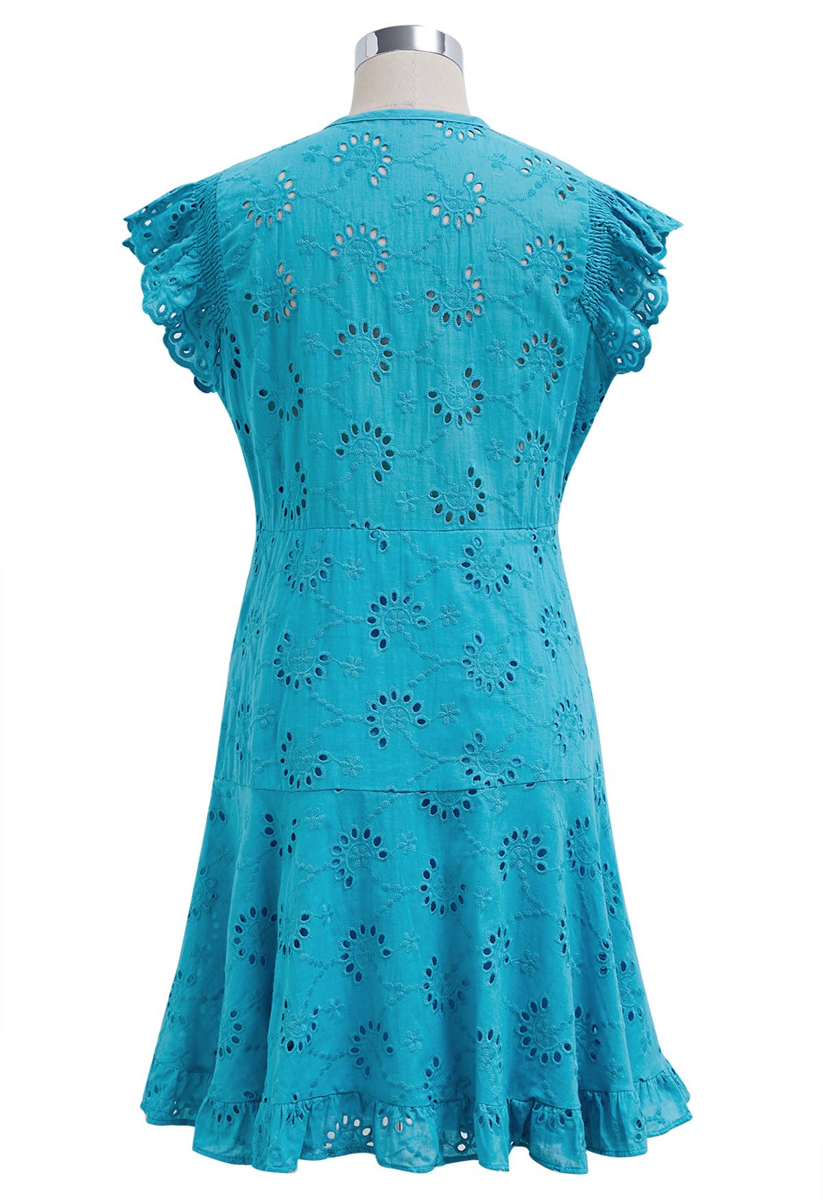 Drawstring Front Eyelet Embroidered Mini Dress in Blue