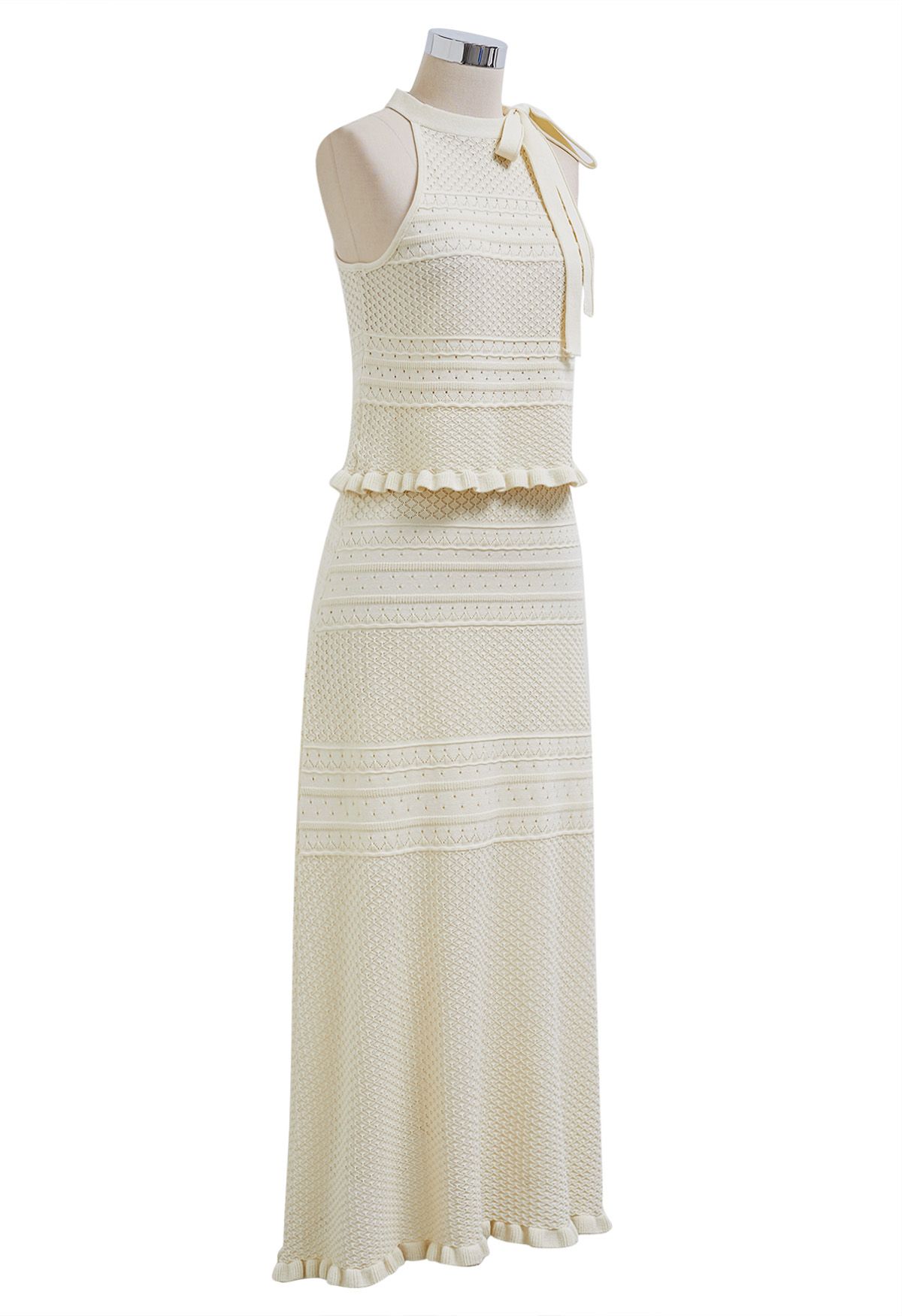 Full Crochet Halter Top and Maxi Skirt Set in Cream