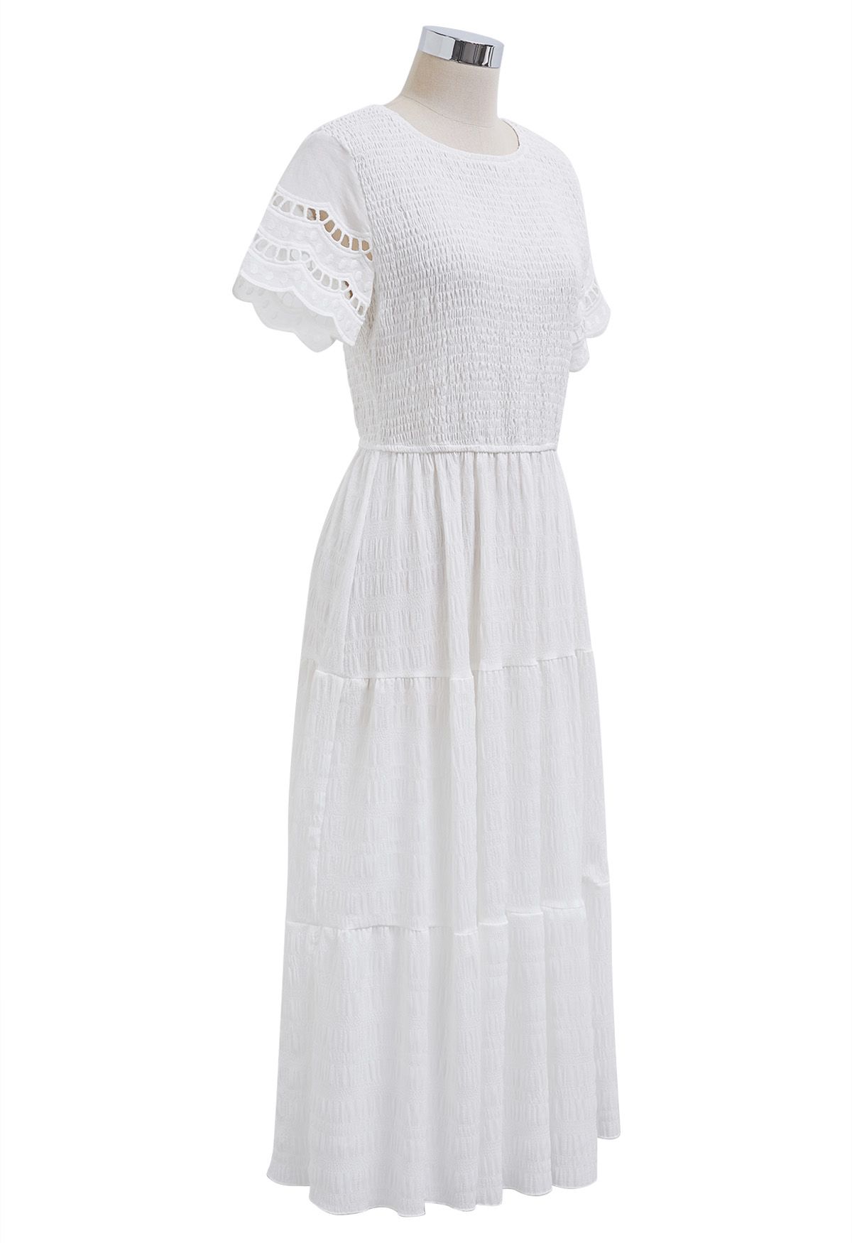 Cutwork Sleeve Shirred Bodice Midi Dress in White