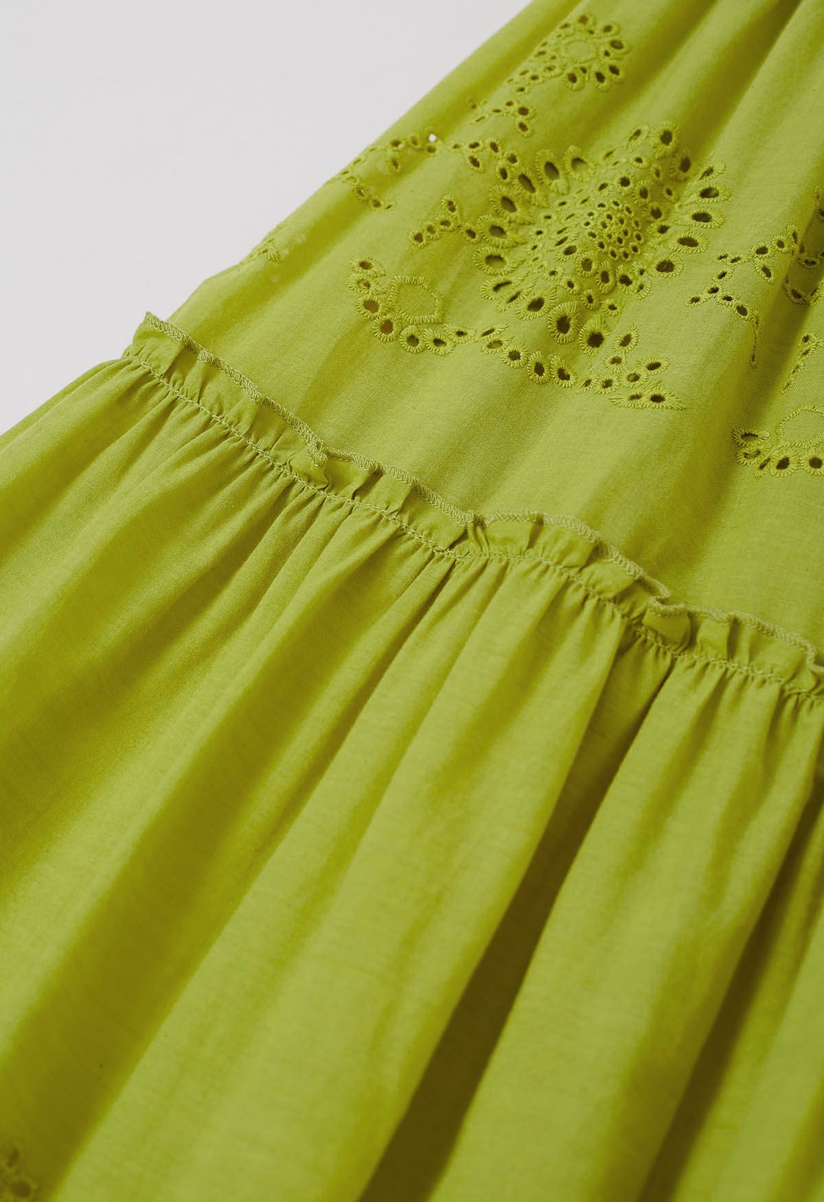 Lime Embroidery Shirred Tie-Strap Maxi Dress