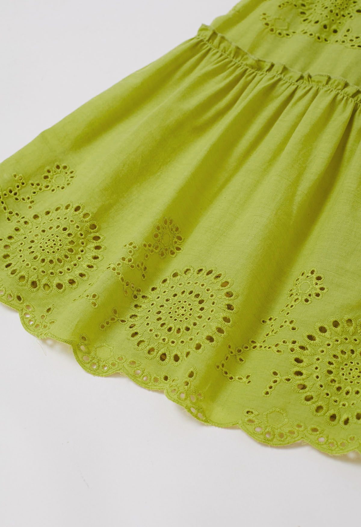 Lime Embroidery Shirred Tie-Strap Maxi Dress