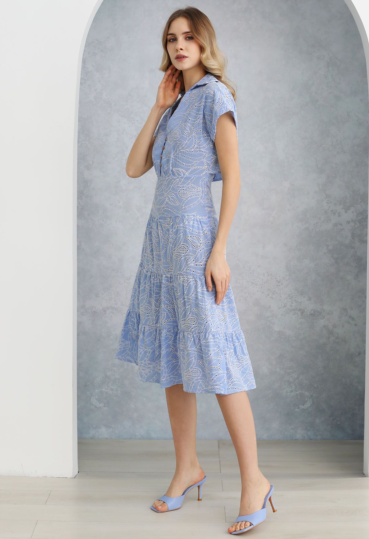 Leaves Eyelet Embroidered Cutout Back Midi Dress