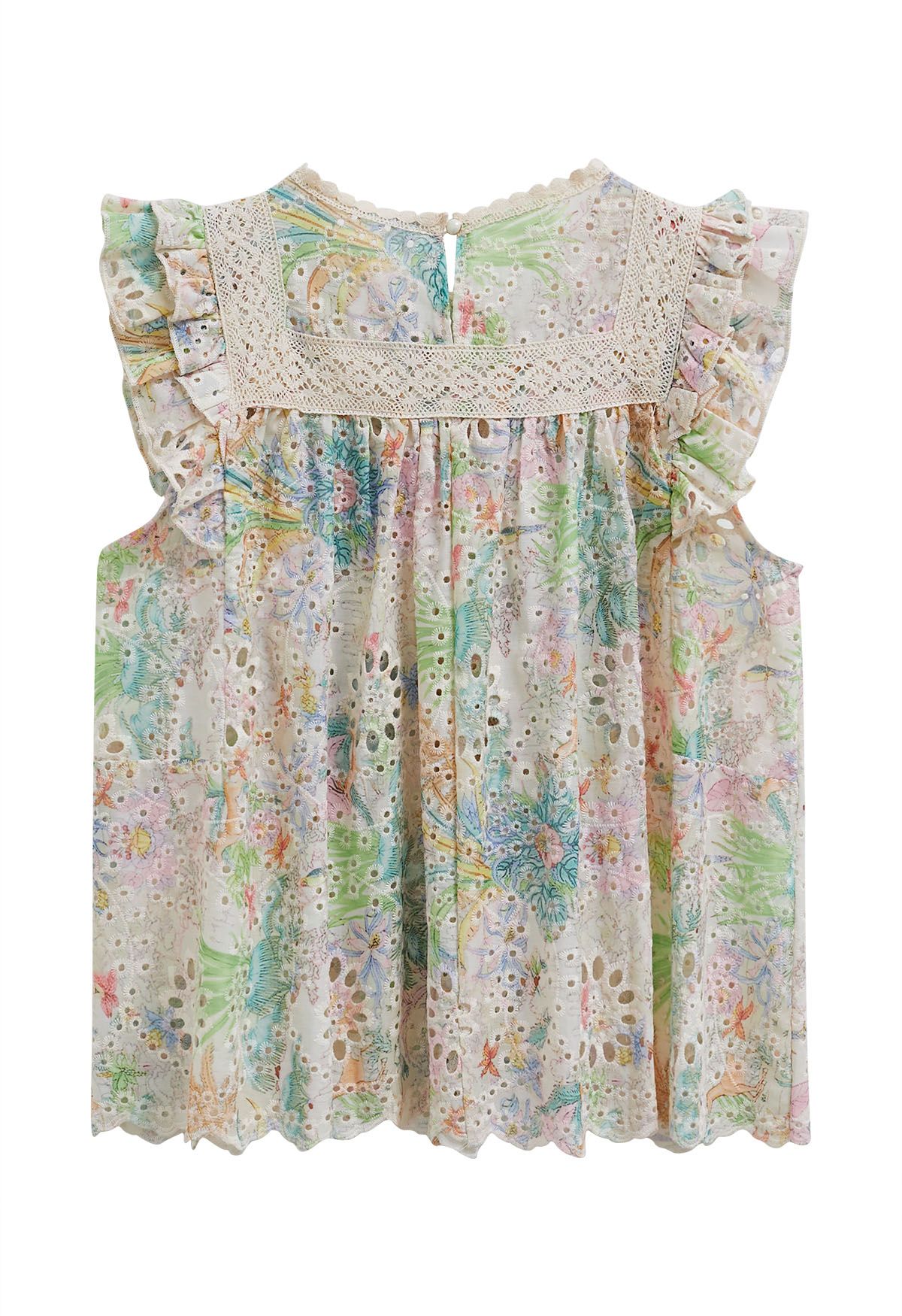 Floral Printed Eyelet Embroidered Sleeveless Dolly Top in Green