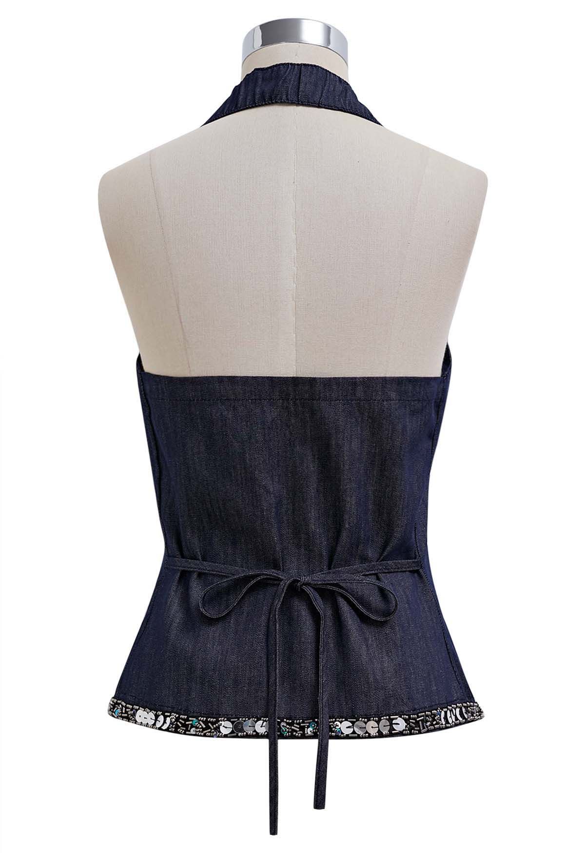 Button Down Sequined Hem Denim Halter Top