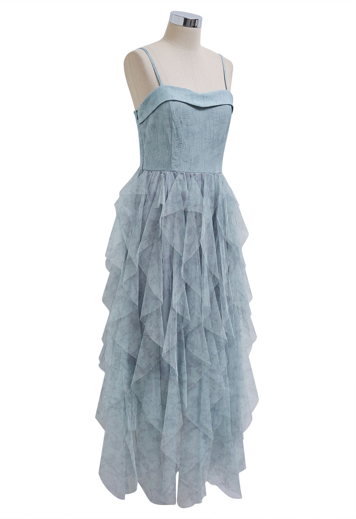 Ruffle Mesh Spliced Asymmetric Cami Dress in Dusty Blue