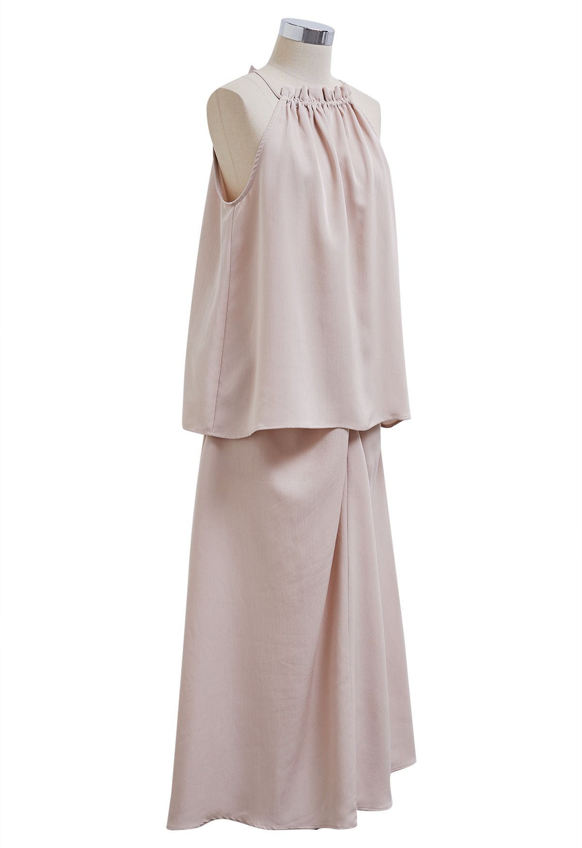 Ruffle Halter Top and Twist Front Maxi Skirt Set in Nude Pink