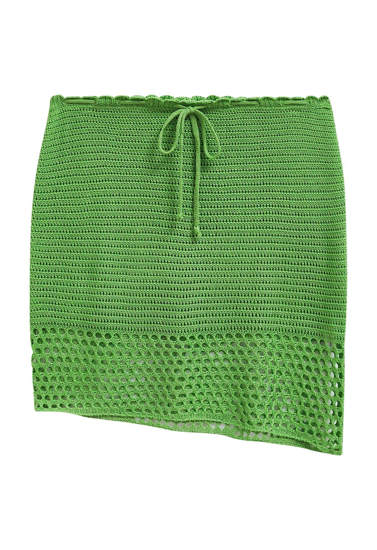 Openwork Crochet Buttoned Vest and Drawstring Skirt Set in Green