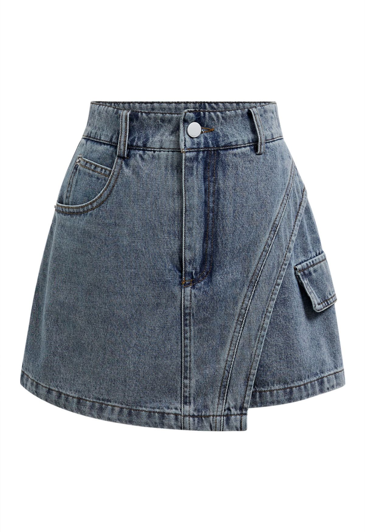 Edgy Curved Seam Flap Denim Skorts in Light Blue