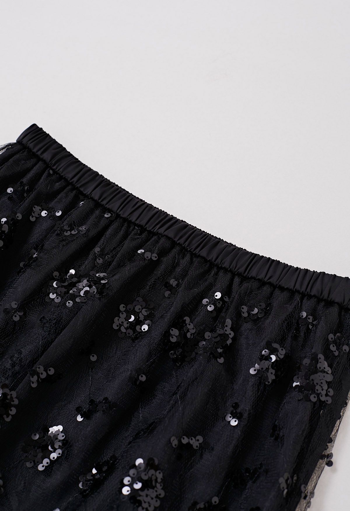 Sequined Dandelion Mesh Midi Skirt in Black