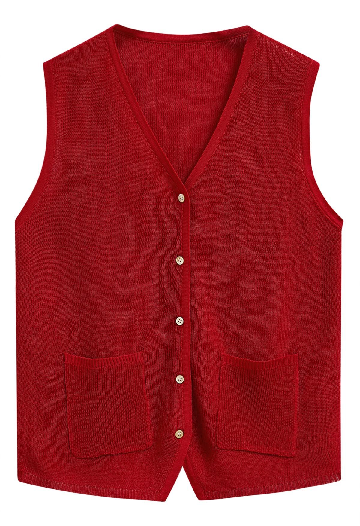 Button Down Patch Pocket Vest in Red