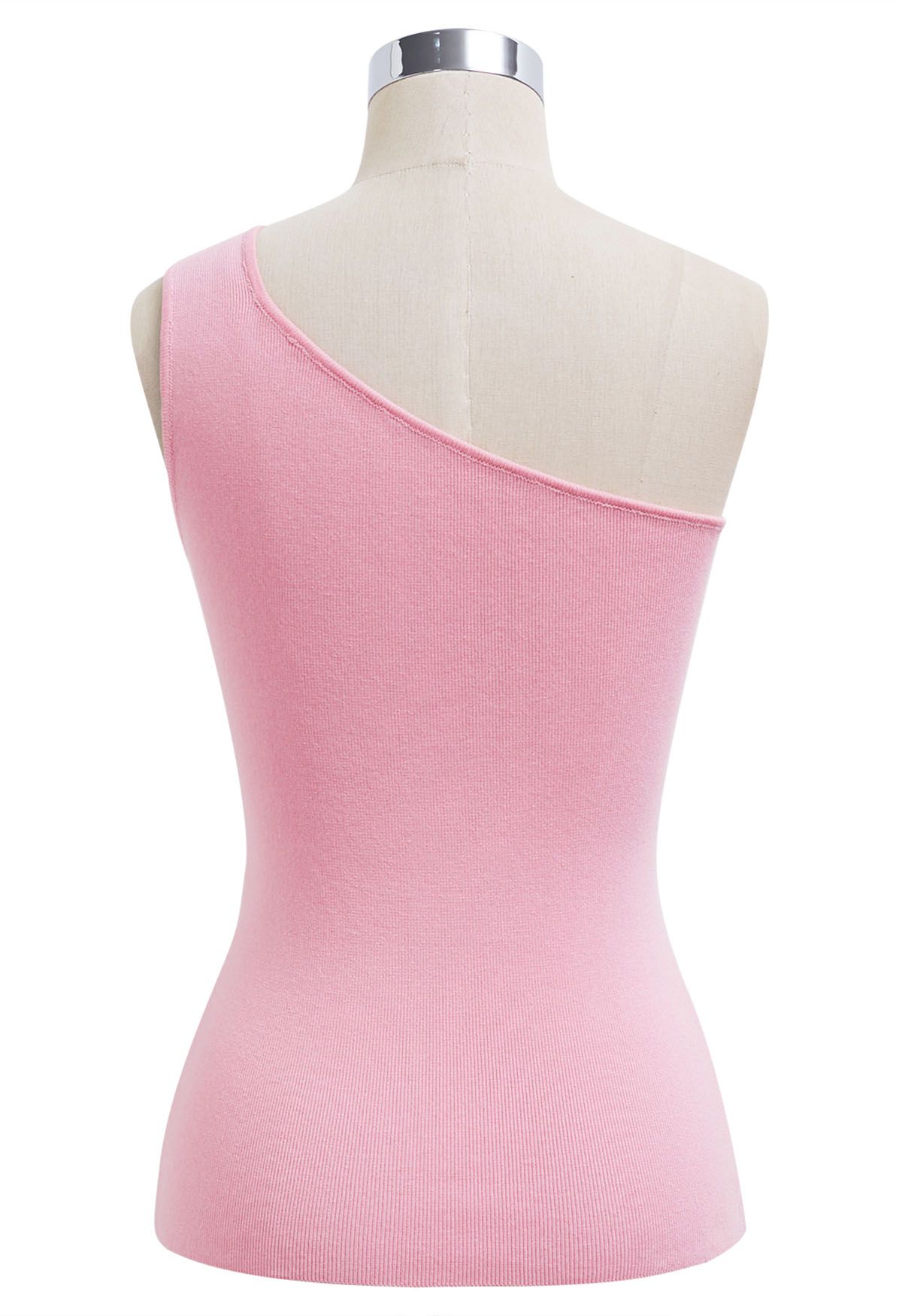 U-Shaped Metal Decor One-Shoulder Knit Top in Pink