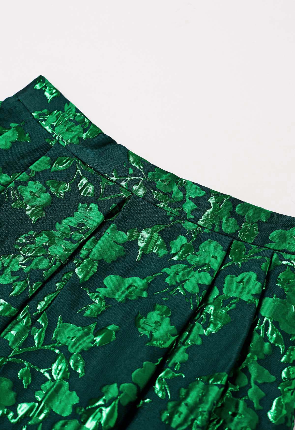 Green Floral Jacquard Pleated Mini Skirt