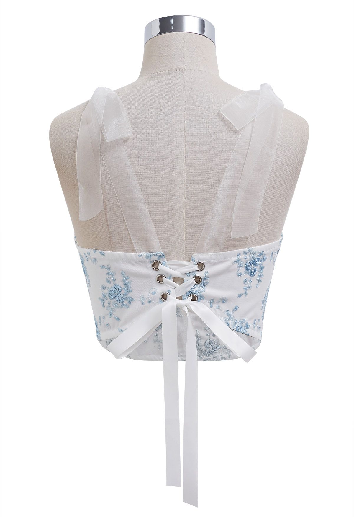 Blue Floral Embroidered Tie-Strap Bustier Top in White