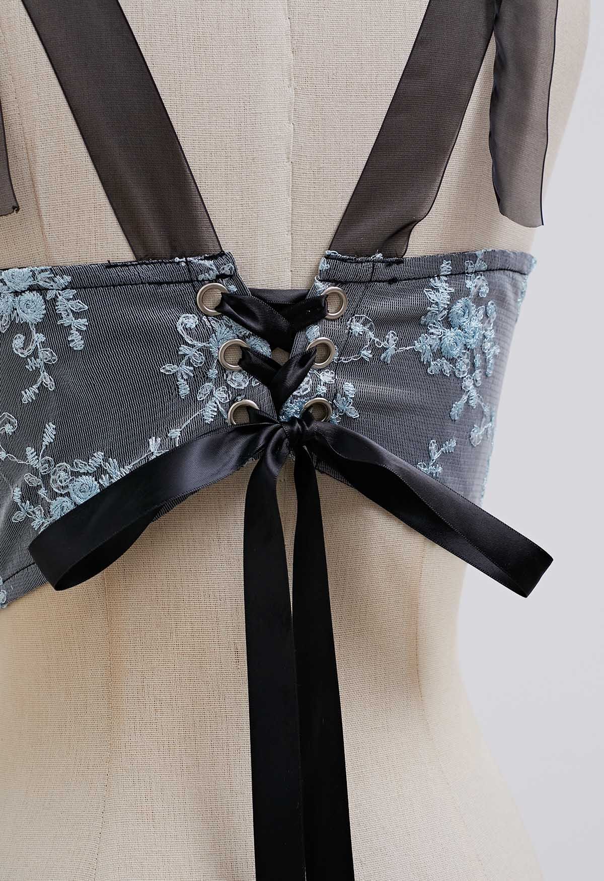 Blue Floral Embroidered Tie-Strap Bustier Top in Smoke