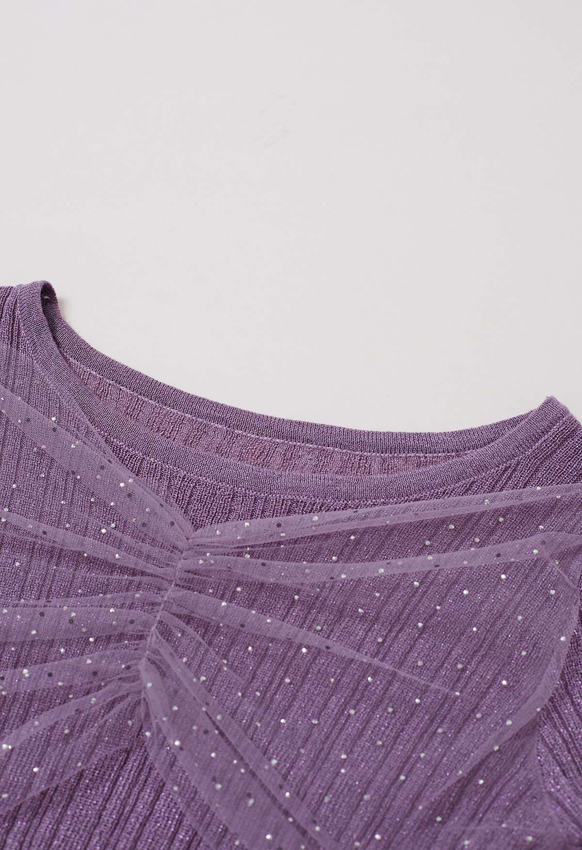 Rhinestone Decor Mesh Spliced Knit Top in Lilac