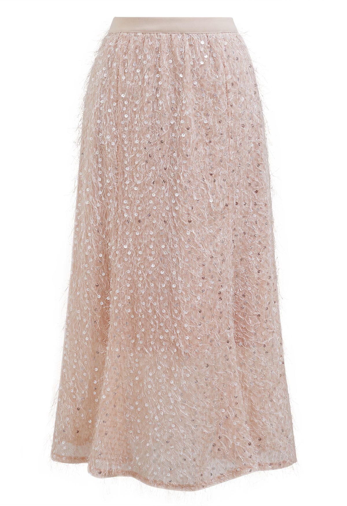 Sequin Shimmer Fringe Midi Skirt in Light Pink