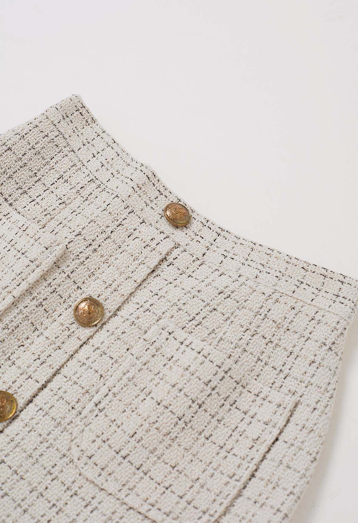 Grid Tweed Vintage Button Mini Skirt