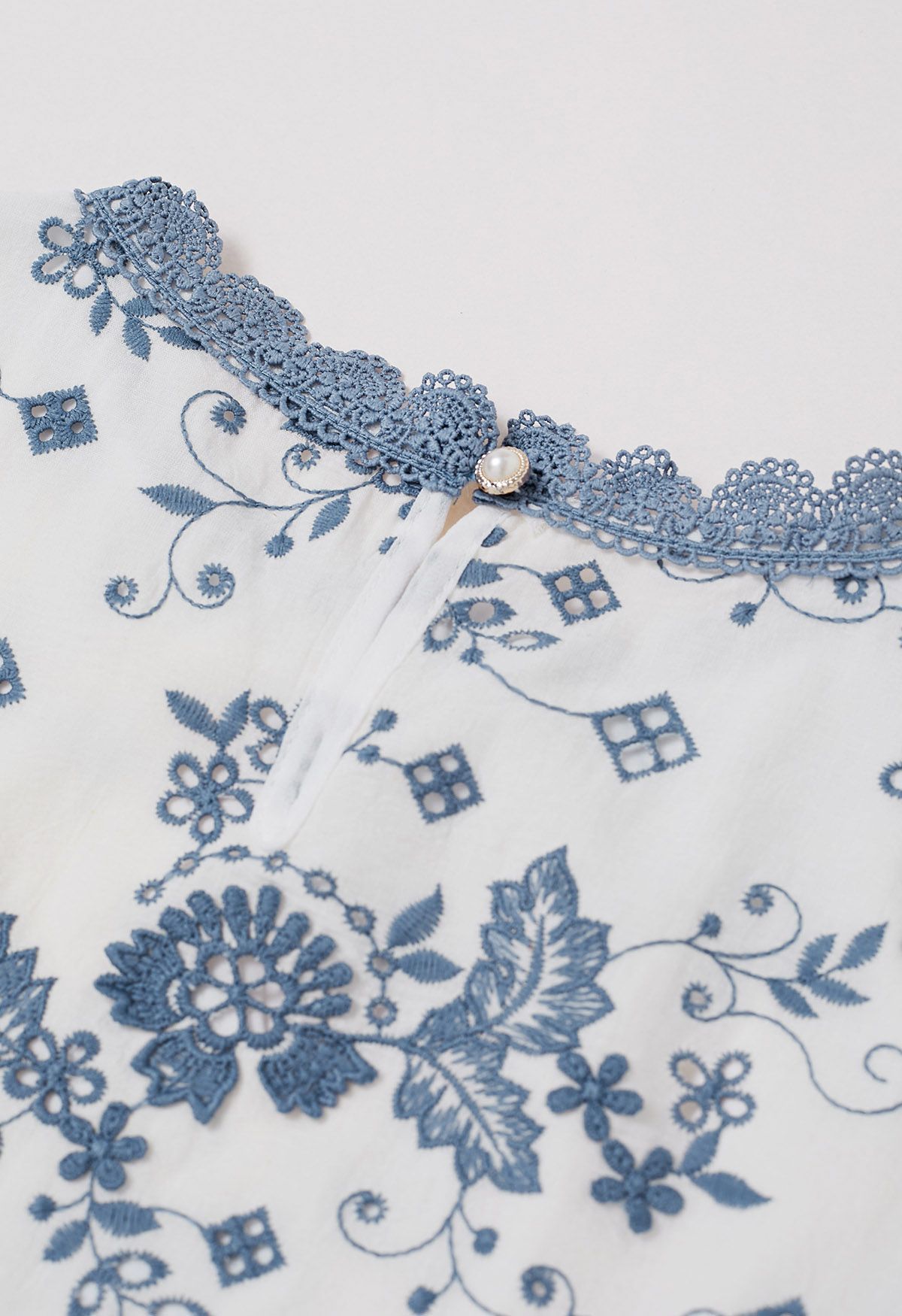 Blue Floral Embroidery Ruffle Sleeveless Cotton Top