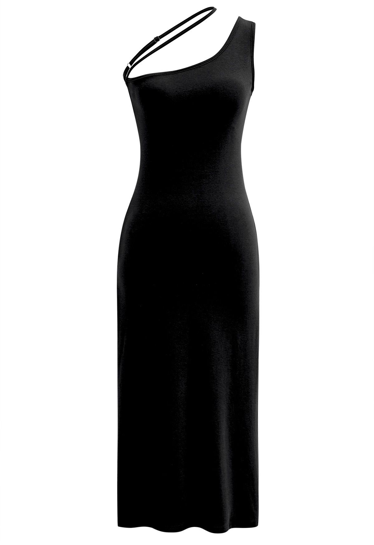 Oblique One Shoulder Bodycon Midi Dress in Black