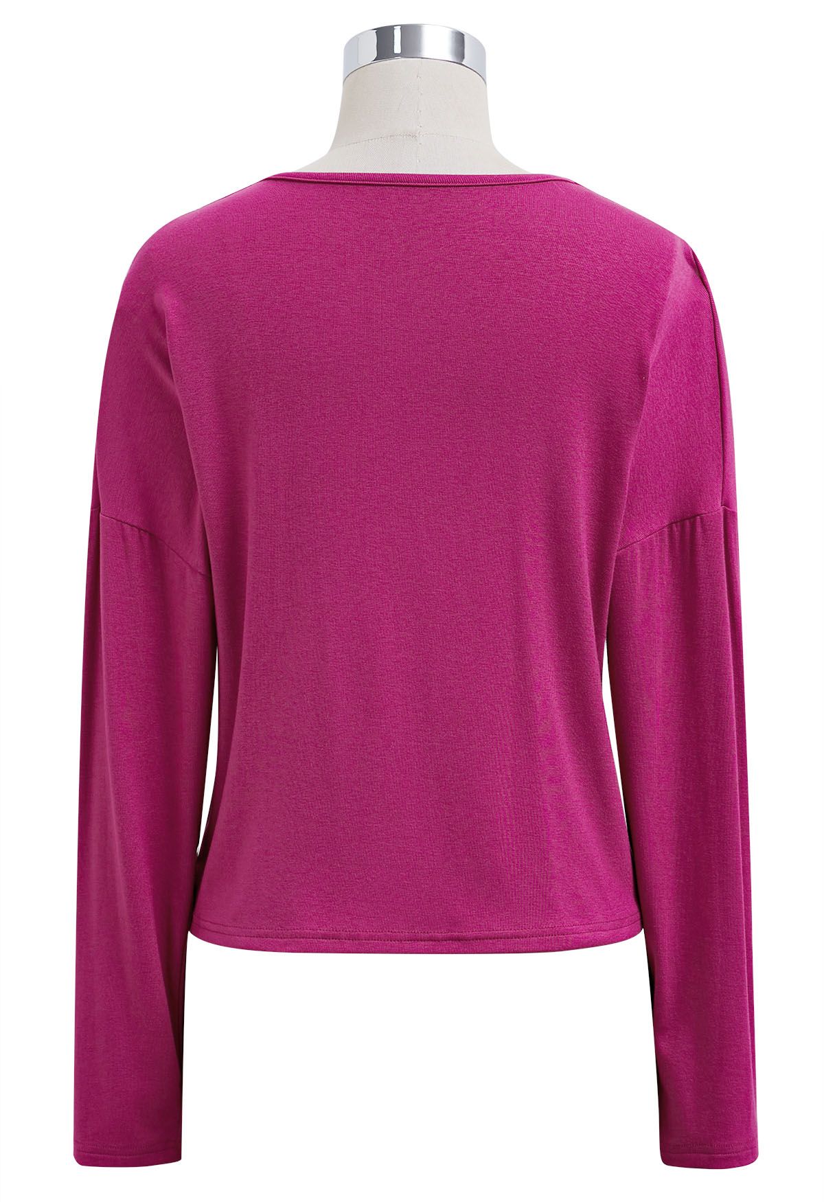 V-Neck Faux-Wrap Long Sleeve Top in Magenta