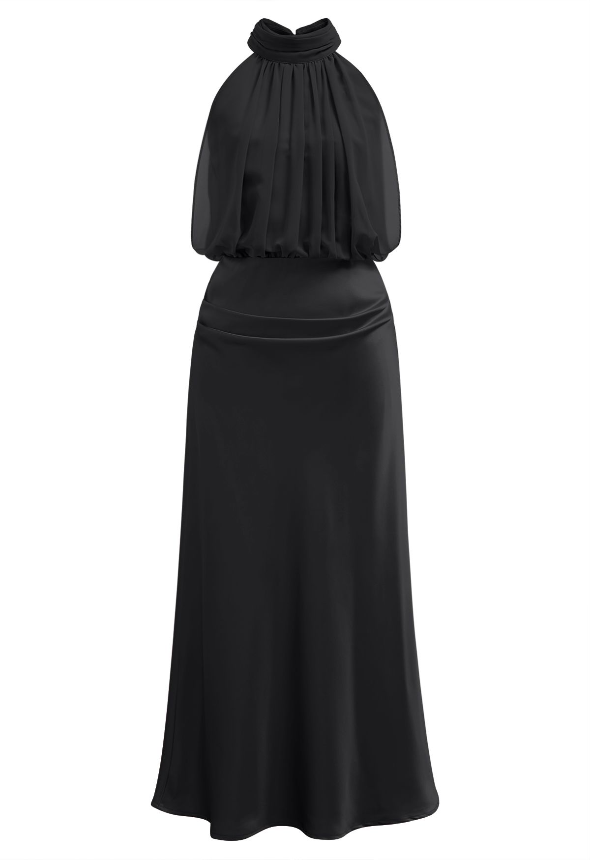 Graceful Halter Neck Chiffon Spliced Satin Dress in Black