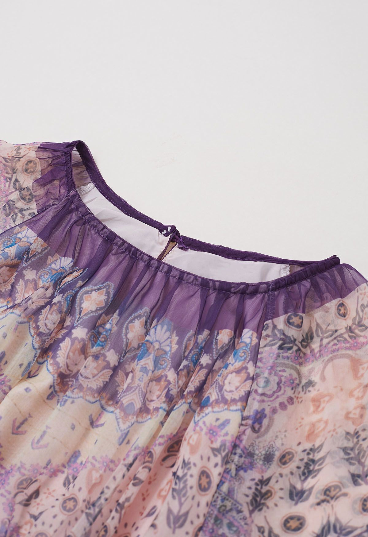 Mystic Garden Bubble Sleeve Ruffle Maxi Dress in Purple