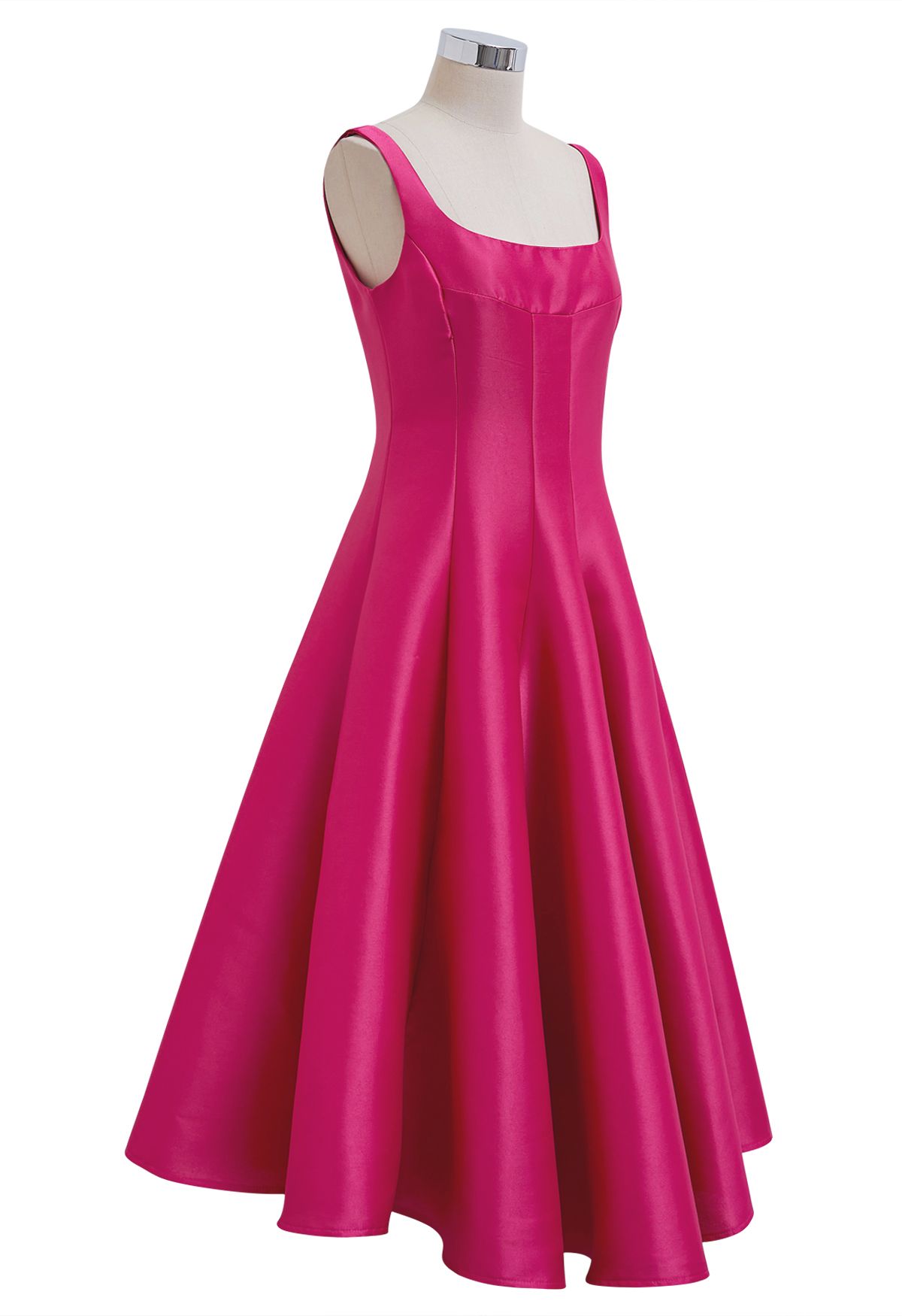 Polished Satin Flared Hem Cami Dress in Magenta