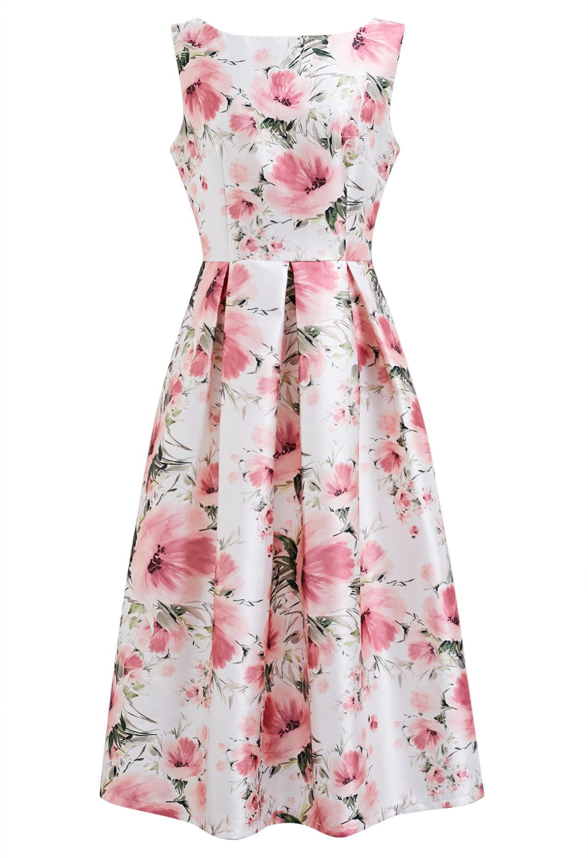 Graceful Blossom Sleeveless Midi Dress in White