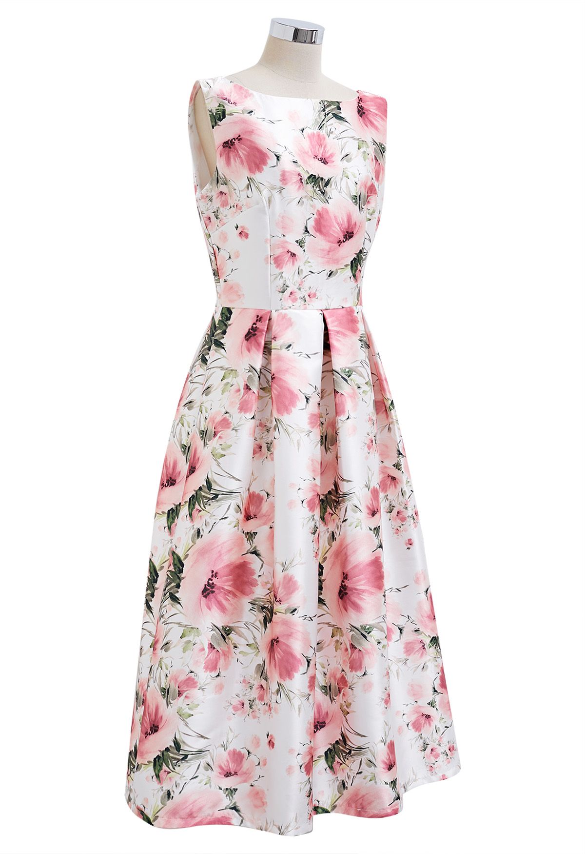 Graceful Blossom Sleeveless Midi Dress in White