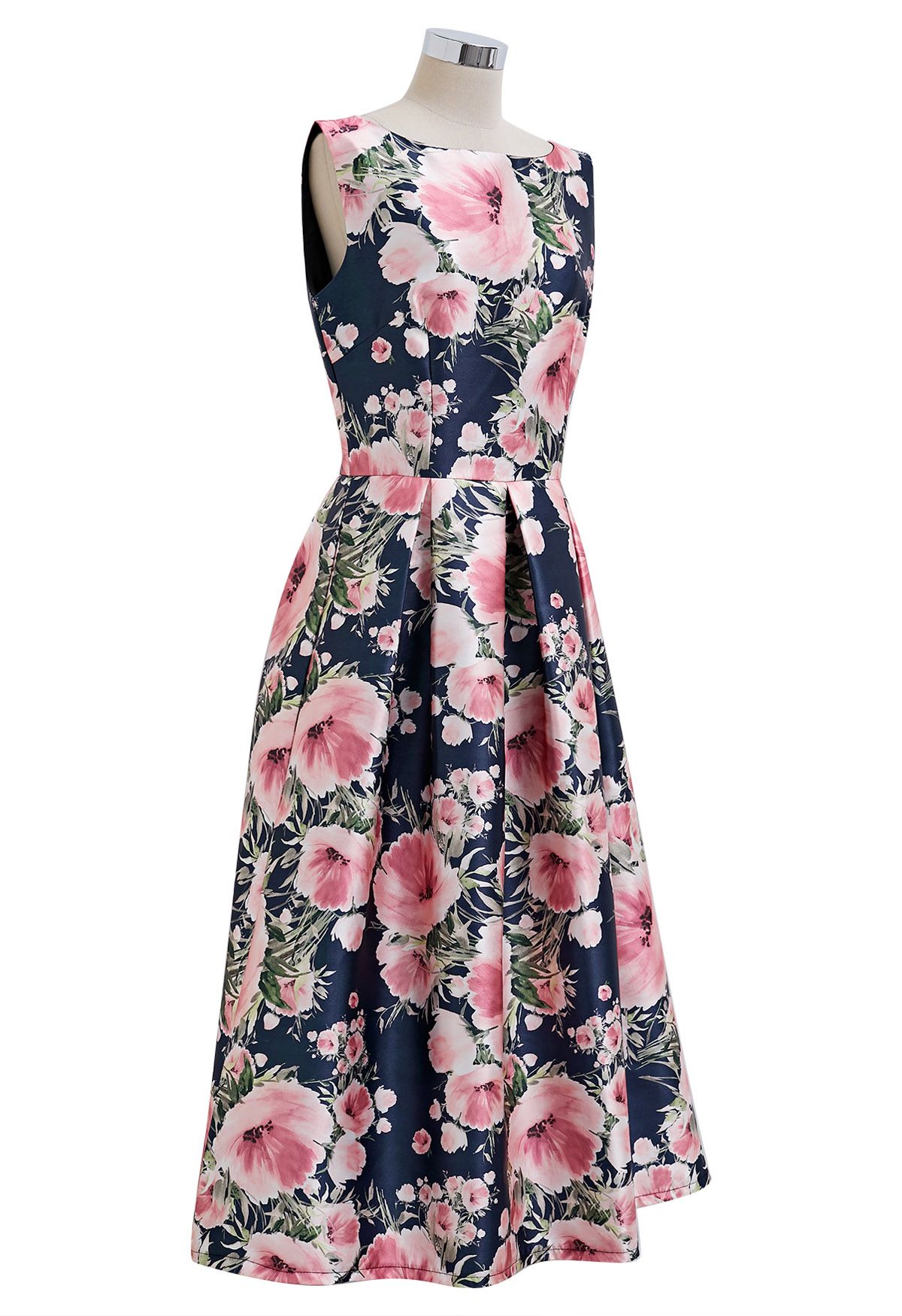 Graceful Blossom Sleeveless Midi Dress in Navy