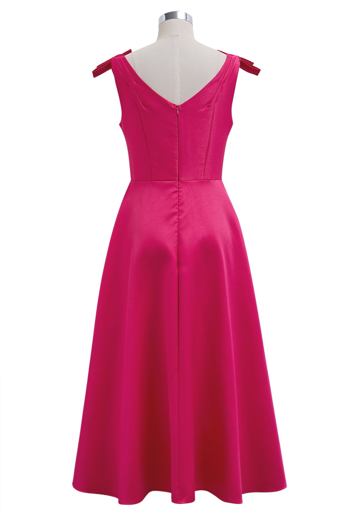 Bow Shoulder Zircon Button Midi Dress in Magenta