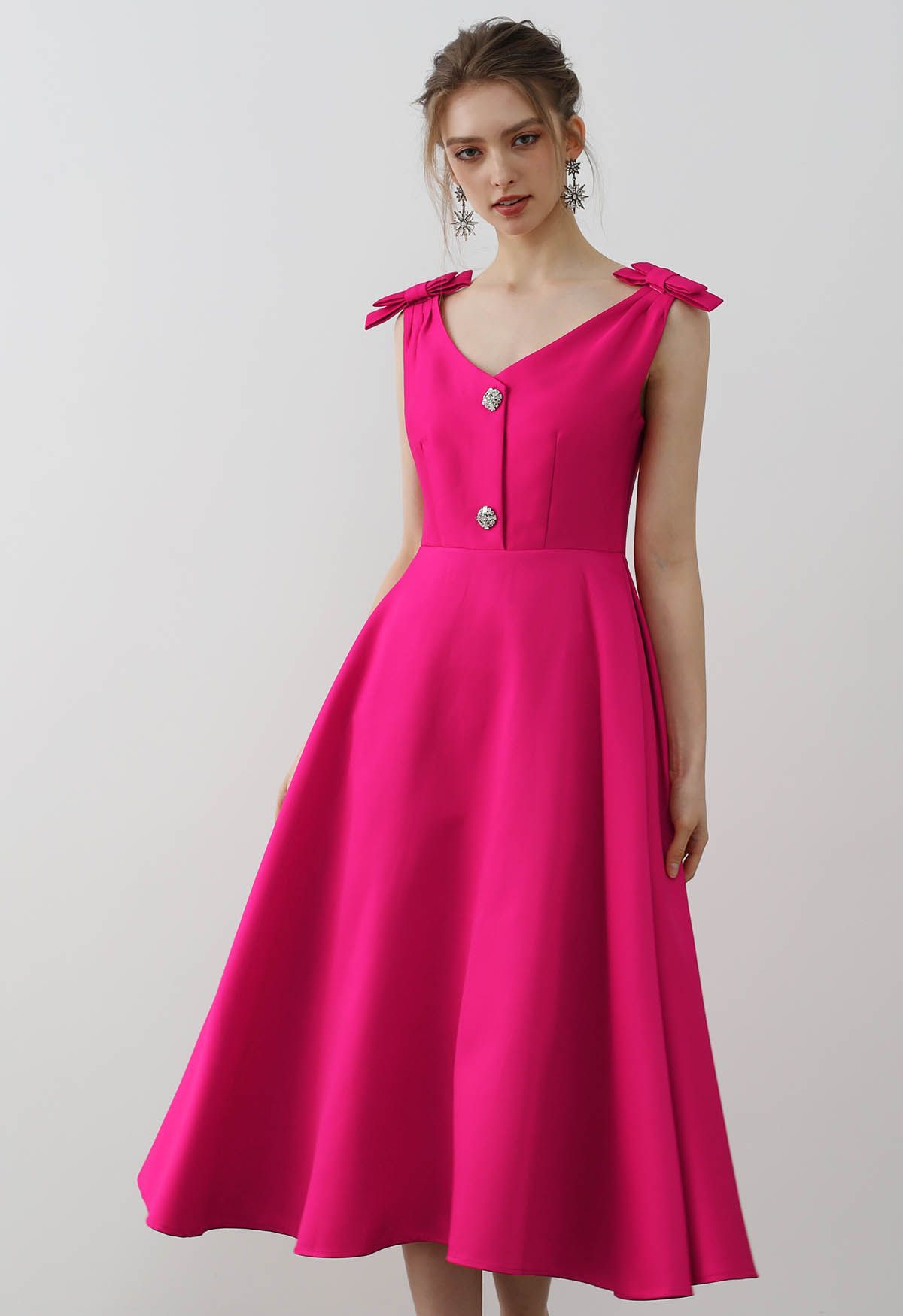 Bow Shoulder Zircon Button Midi Dress in Magenta